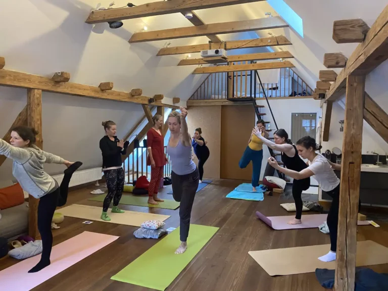 Yoga-Gruppe übt Gleichgewichtshaltungen in einem Studio mit Holzbalken